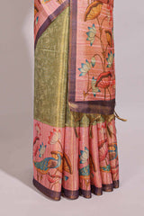 Green floral & peacock design semi tussar saree with contrast border and floral printed blouse