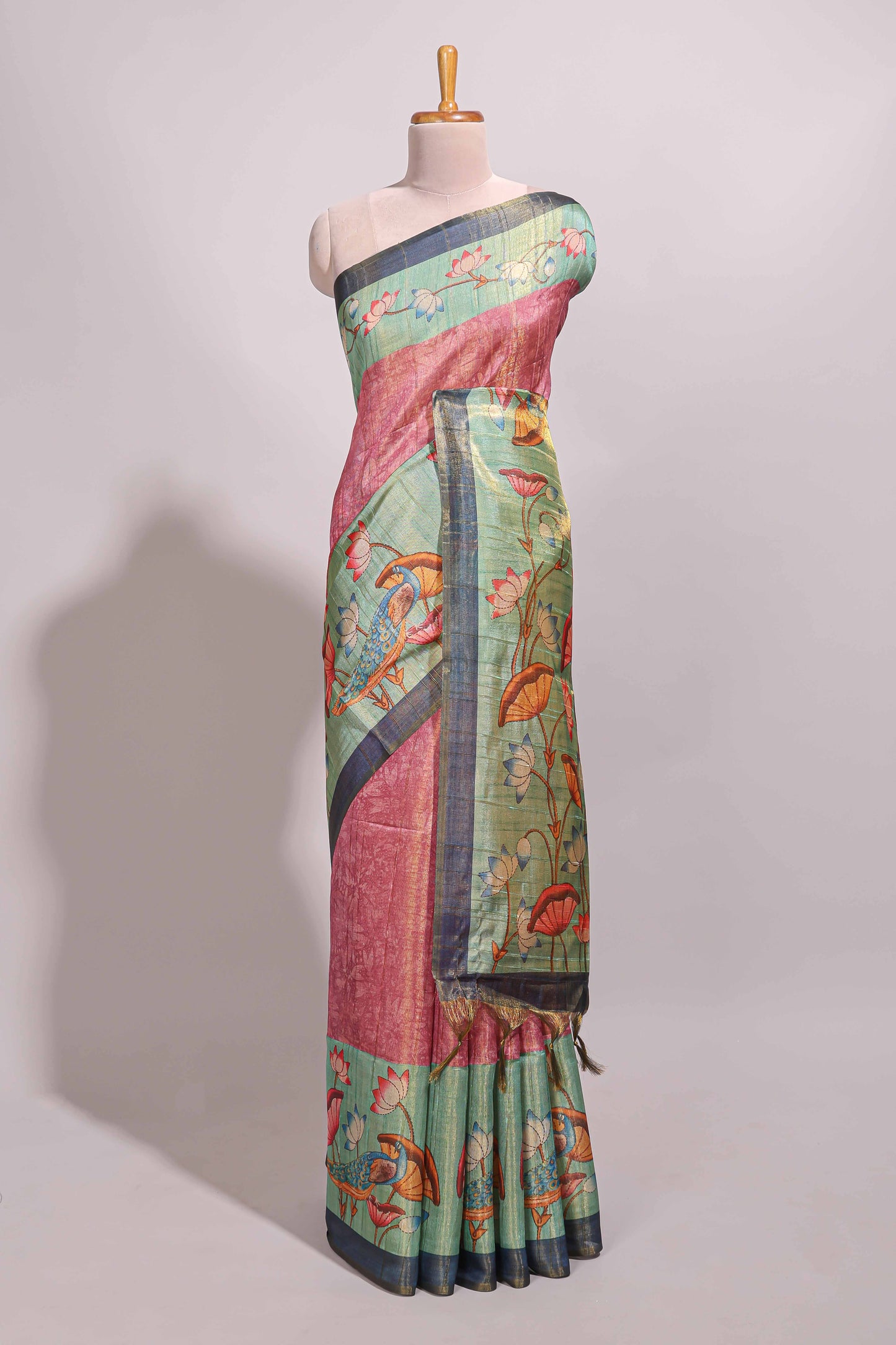 Pink floral & peacock design semi tussar saree with contrast border and floral printed blouse