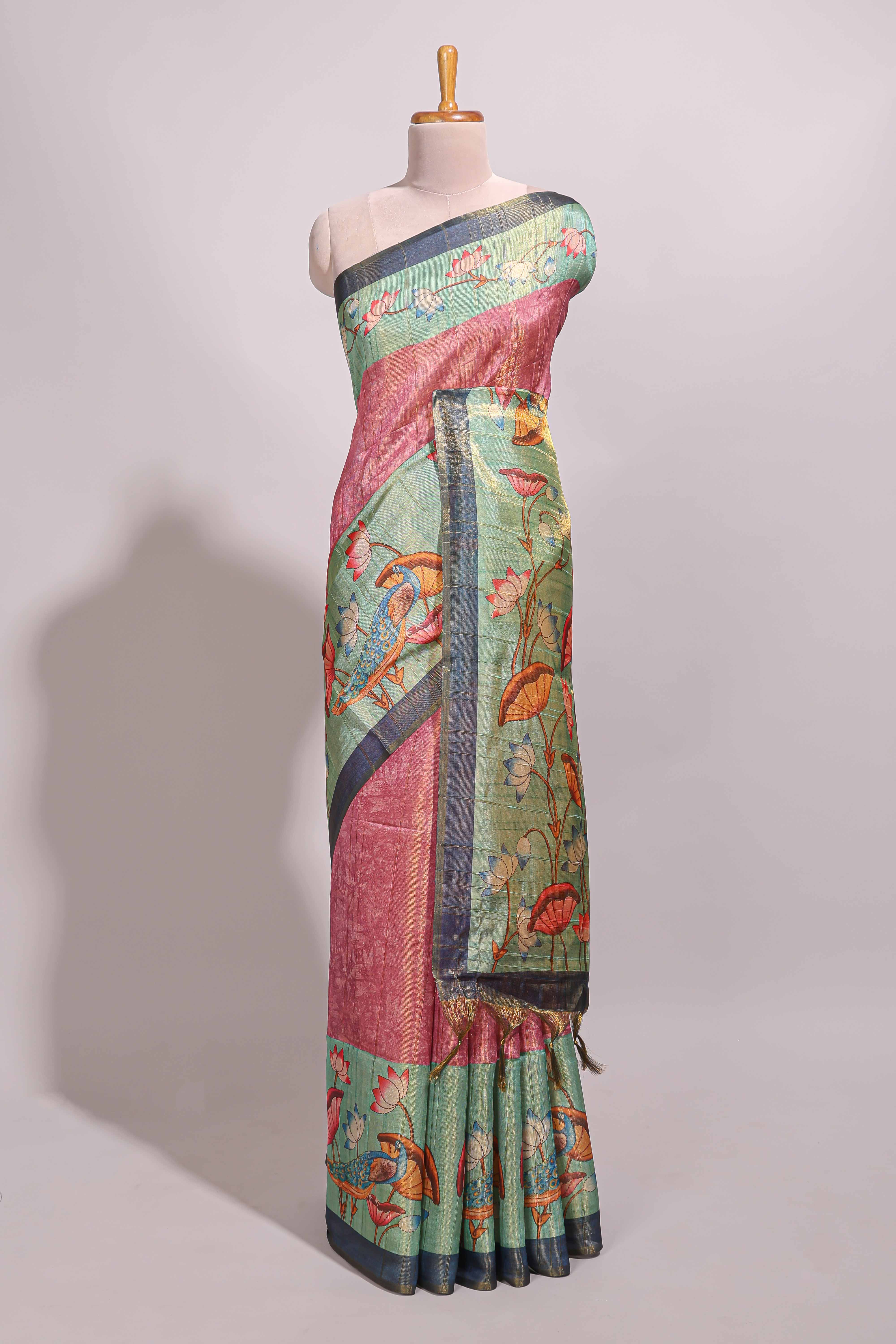 Pink floral & peacock design semi tussar saree with contrast border and floral printed blouse