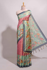 Pink floral & peacock design semi tussar saree with contrast border and floral printed blouse