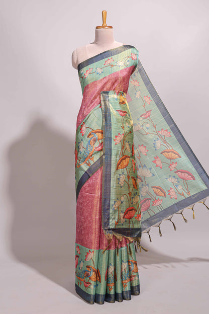 Pink floral & peacock design semi tussar saree with contrast border and floral printed blouse