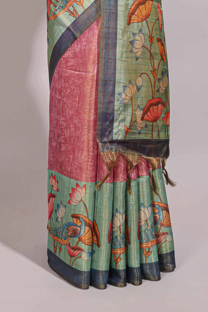 Pink floral & peacock design semi tussar saree with contrast border and floral printed blouse