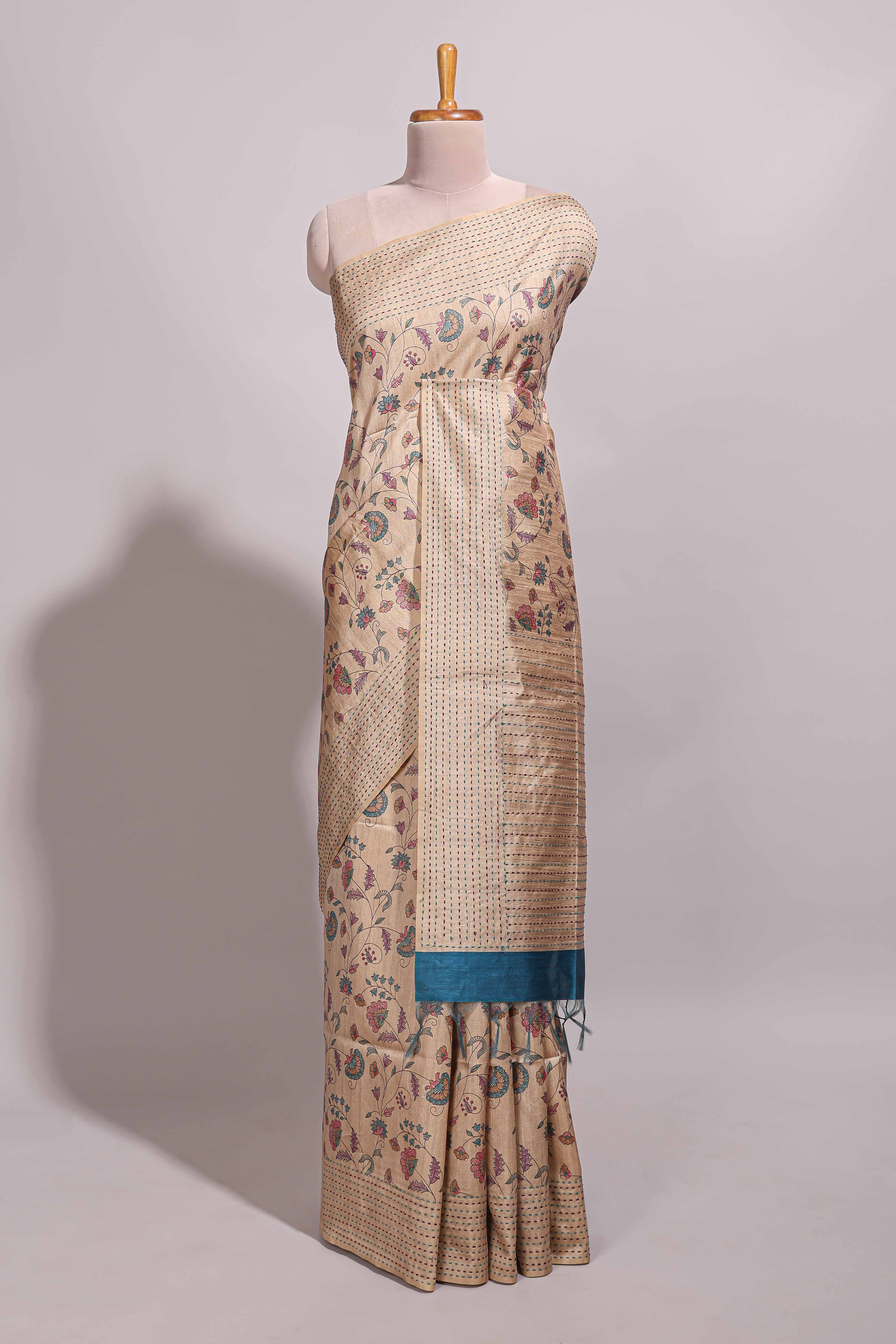 Sandal floral design semi tussar saree with self border and contrast floral printed blouse