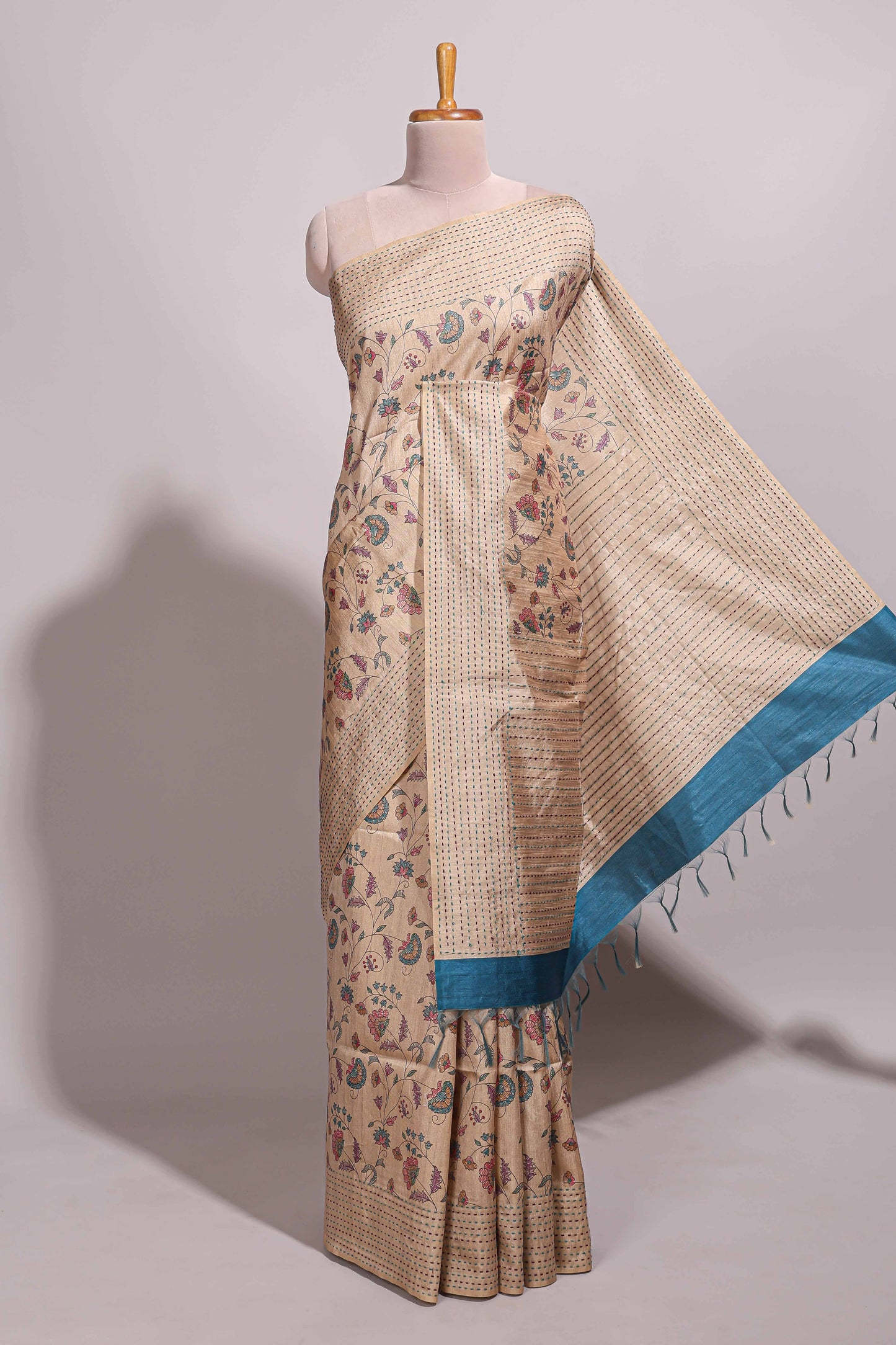 Sandal floral design semi tussar saree with self border and contrast floral printed blouse
