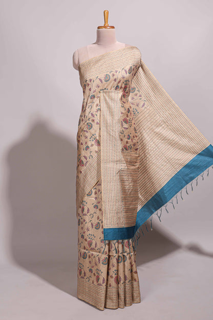 Sandal floral design semi tussar saree with self border and contrast floral printed blouse