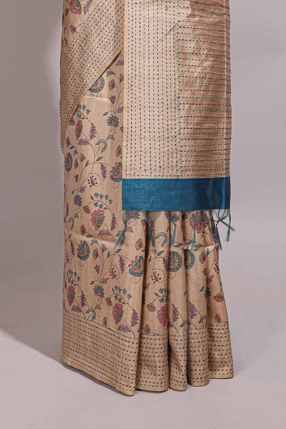 Sandal floral design semi tussar saree with self border and contrast floral printed blouse