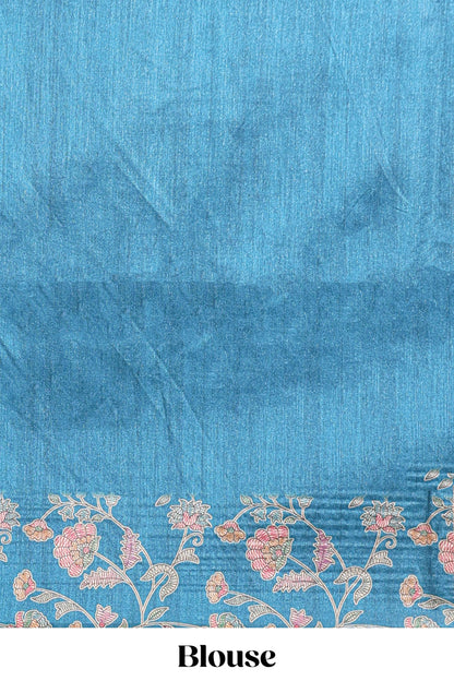 Sandal floral design semi tussar saree with self border and contrast floral printed blouse