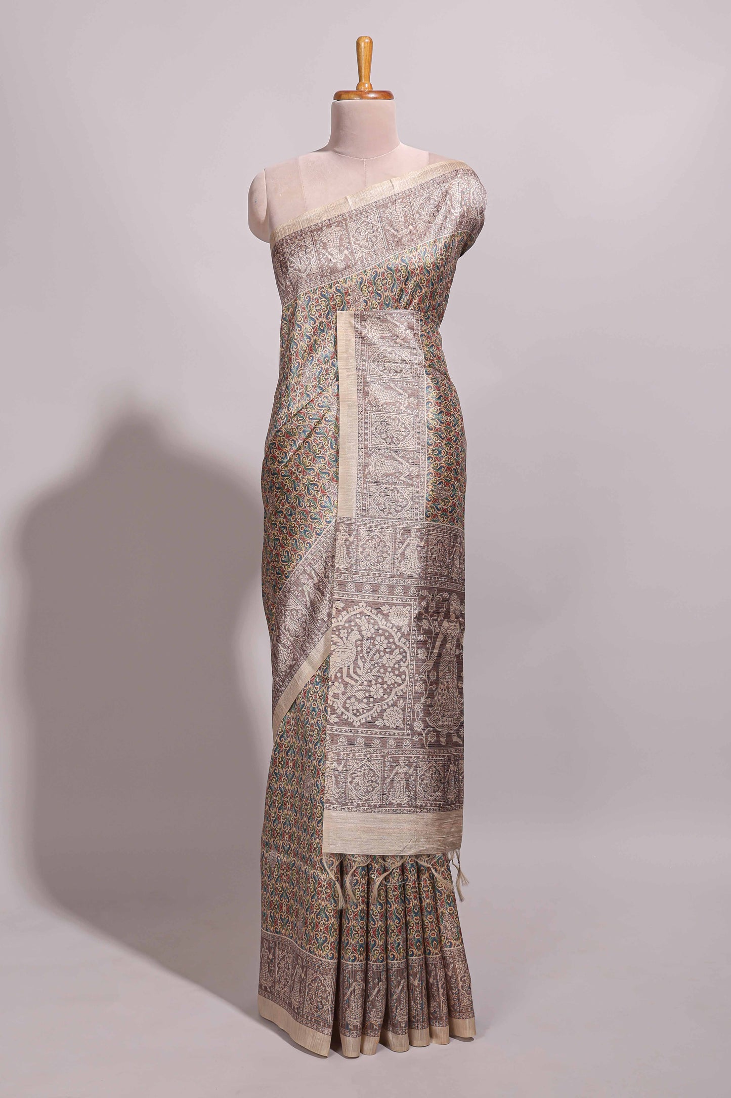 Multi color all over floral design semi tussar saree with contrast border and floral printed blouse