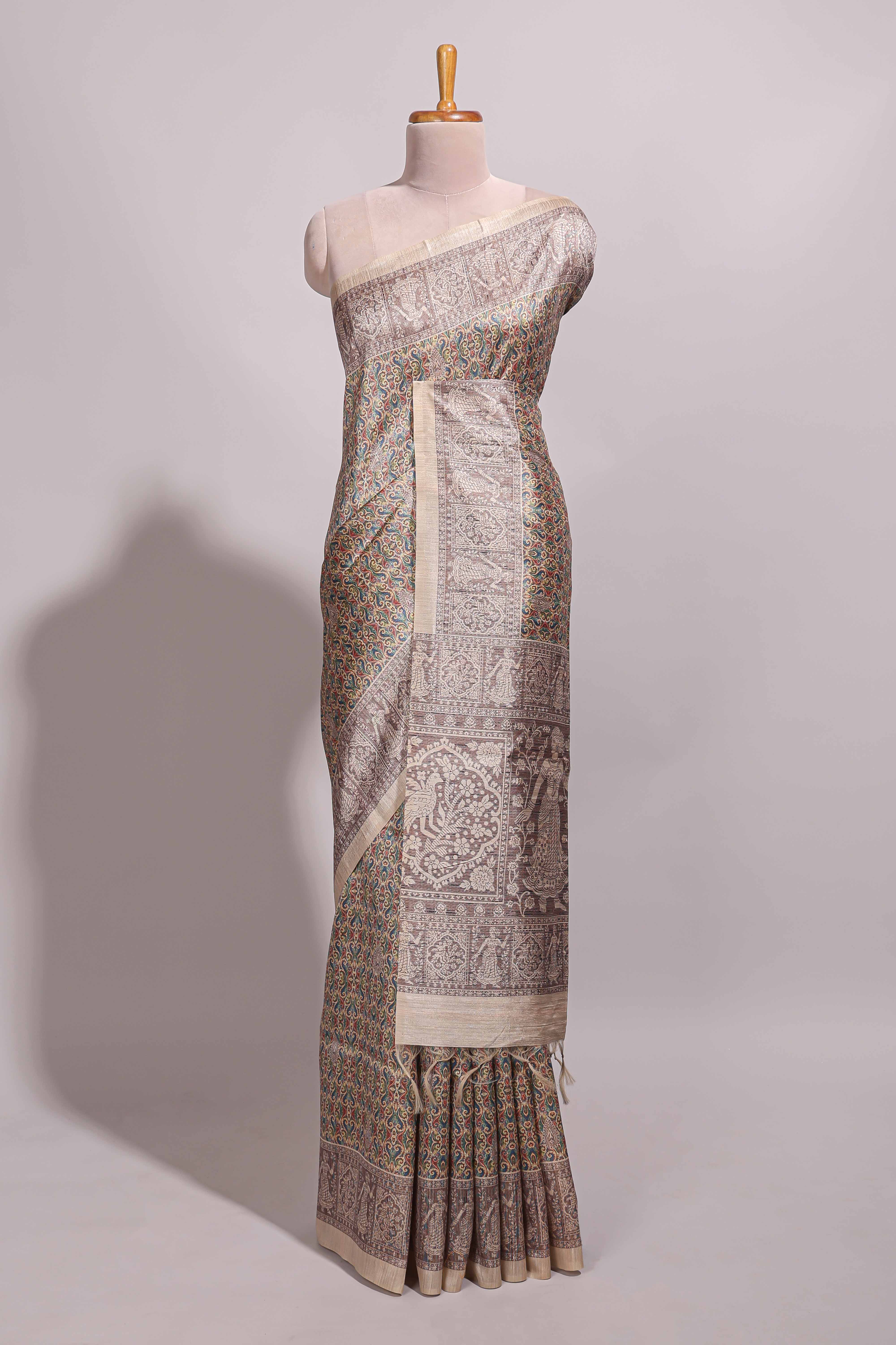 Multi color all over floral design semi tussar saree with contrast border and floral printed blouse