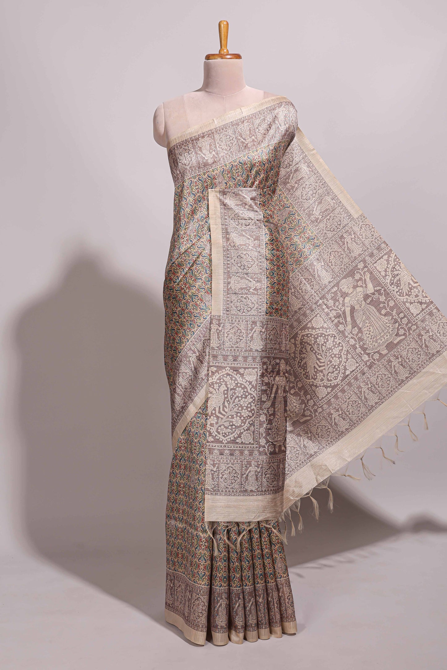 Multi color all over floral design semi tussar saree with contrast border and floral printed blouse