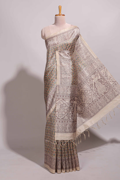 Multi color all over floral design semi tussar saree with contrast border and floral printed blouse