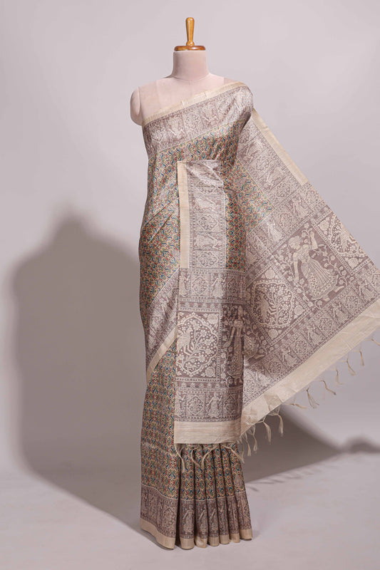 Multi color all over floral design semi tussar saree with contrast border and floral printed blouse