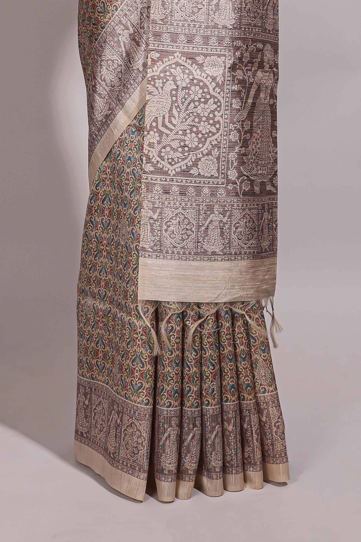 Multi color all over floral design semi tussar saree with contrast border and floral printed blouse