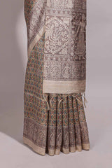 Multi color all over floral design semi tussar saree with contrast border and floral printed blouse