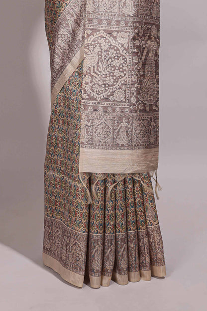 Multi color all over floral design semi tussar saree with contrast border and floral printed blouse