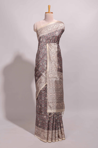 Multi color all over floral design semi tussar saree with contrast border and floral printed blouse