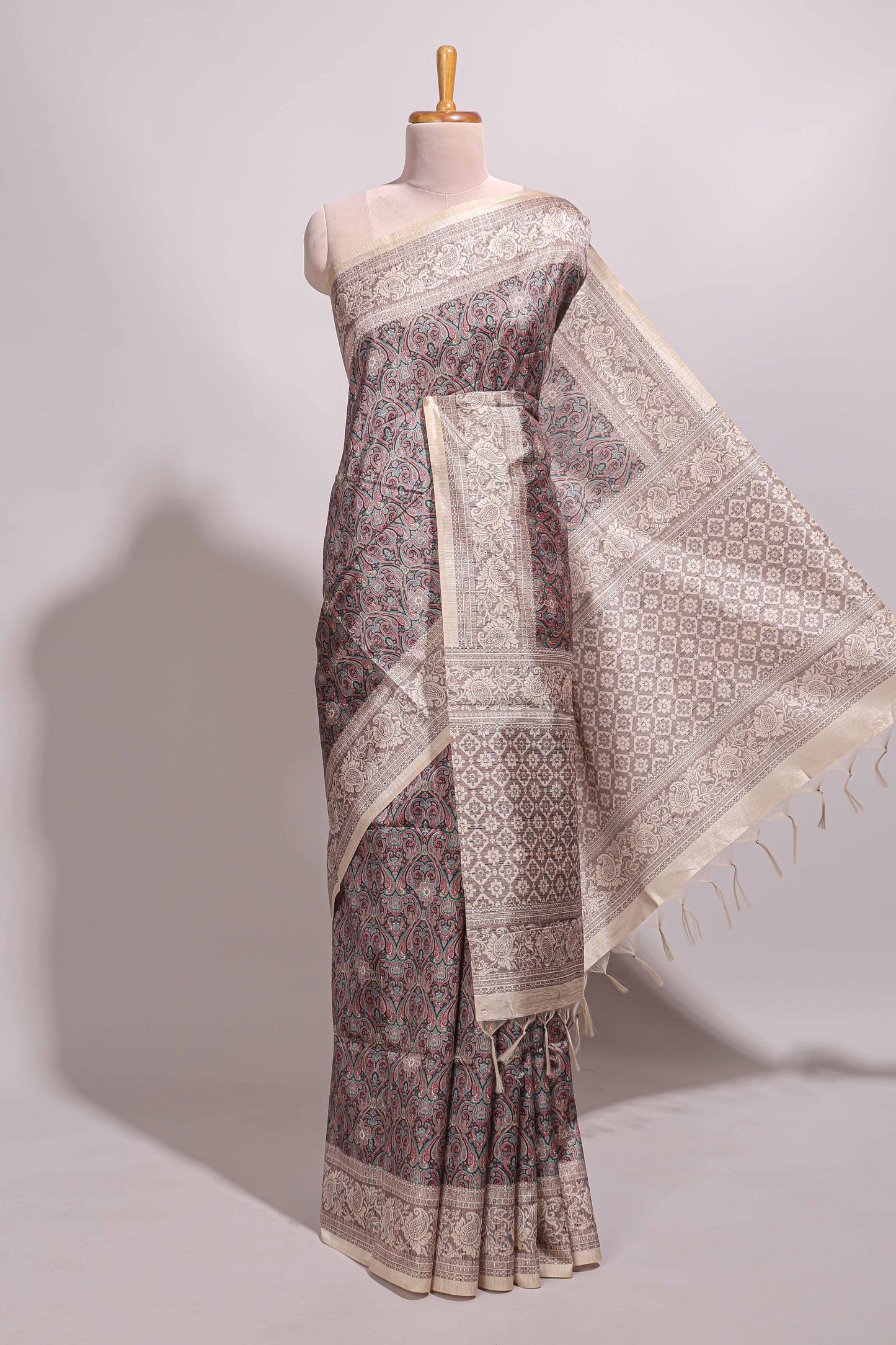 Multi color all over floral design semi tussar saree with contrast border and floral printed blouse