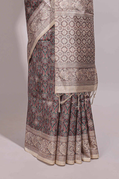 Multi color all over floral design semi tussar saree with contrast border and floral printed blouse