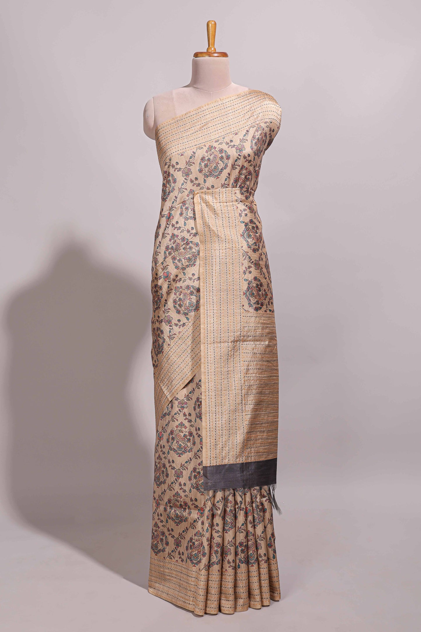 Sandal floral vines design semi tussar saree with self border and contrast printed blouse