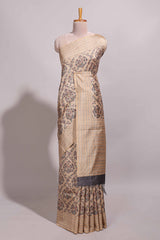 Sandal floral vines design semi tussar saree with self border and contrast printed blouse