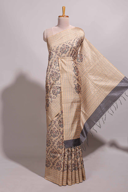 Sandal floral vines design semi tussar saree with self border and contrast printed blouse