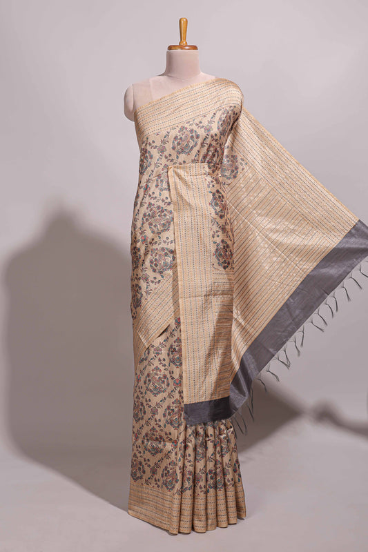 Sandal floral vines design semi tussar saree with self border and contrast printed blouse