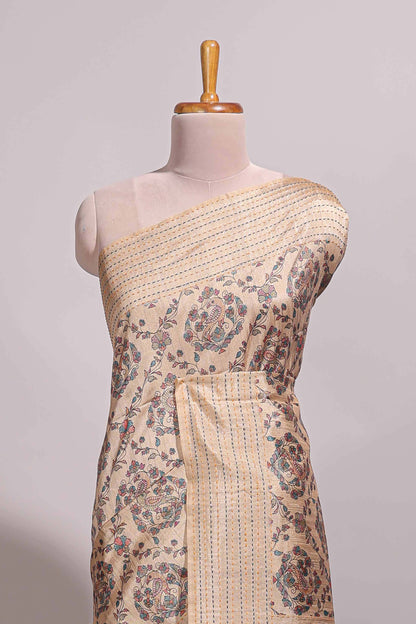 Sandal floral vines design semi tussar saree with self border and contrast printed blouse