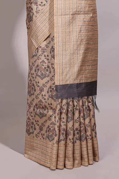 Sandal floral vines design semi tussar saree with self border and contrast printed blouse
