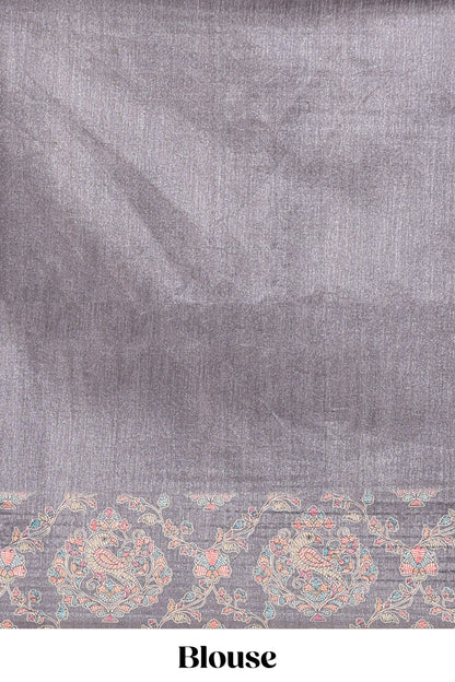 Sandal floral vines design semi tussar saree with self border and contrast printed blouse