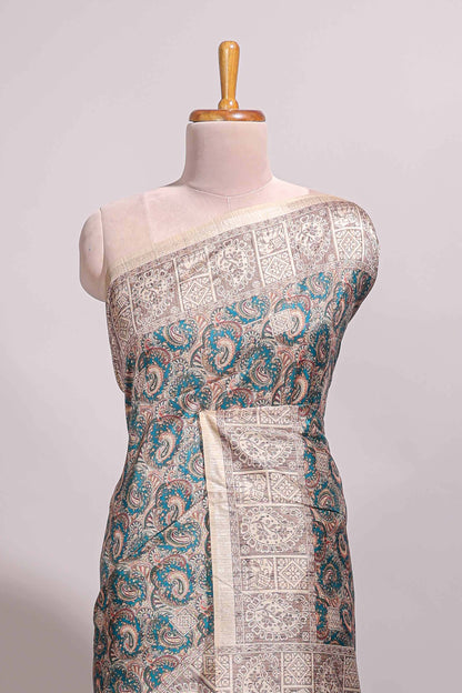 Green floral design semi tussar saree with contrast border and floral printed blouse