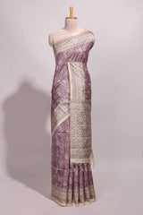 Purple floral design semi tussar saree with contrast border and floral printed blouse