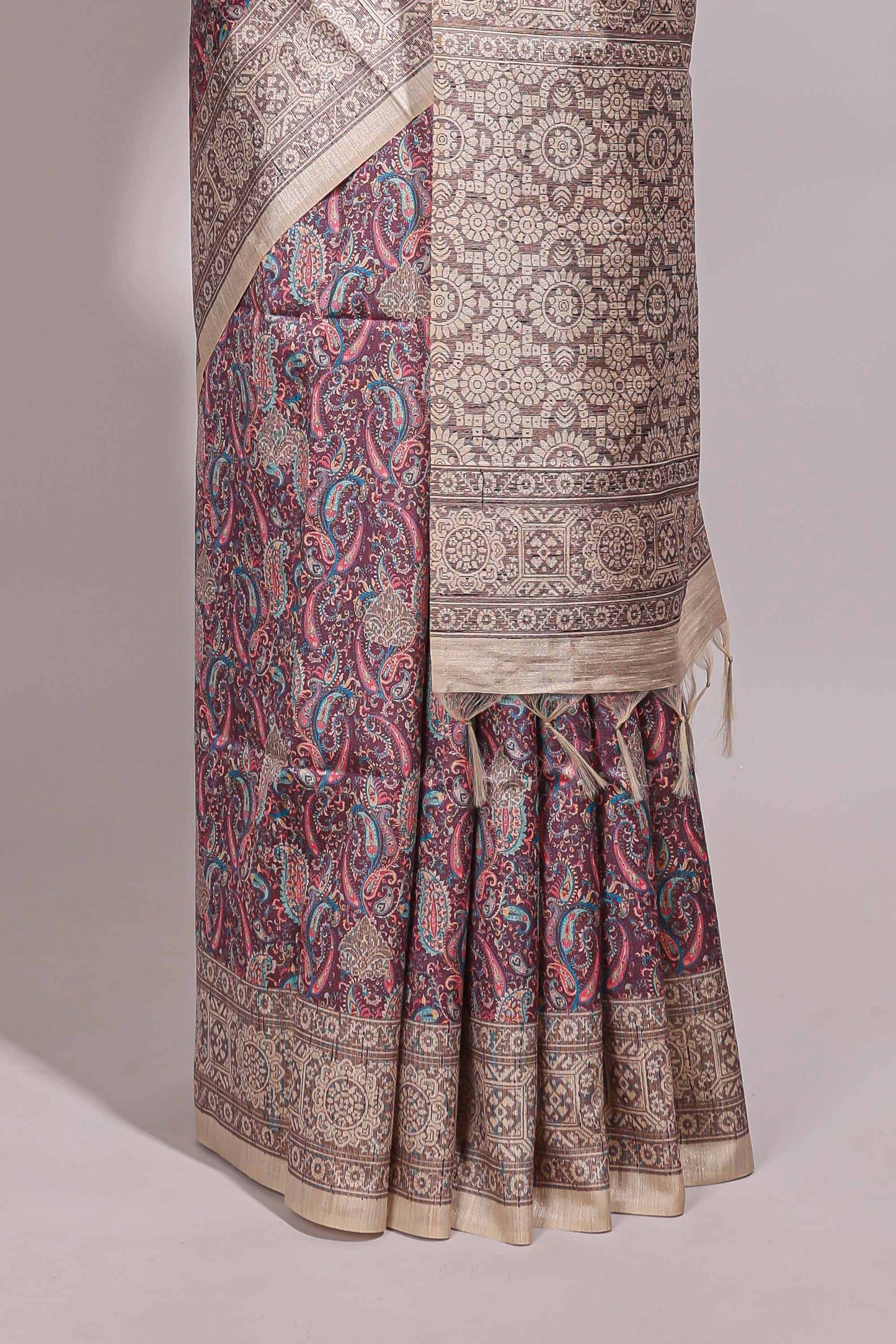 Purple floral design semi tussar saree with contrast border and floral printed blouse