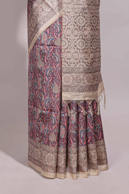 Purple floral design semi tussar saree with contrast border and floral printed blouse