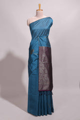 Borderless peacock blue floral design semi tussar saree with contrast pallu and blouse