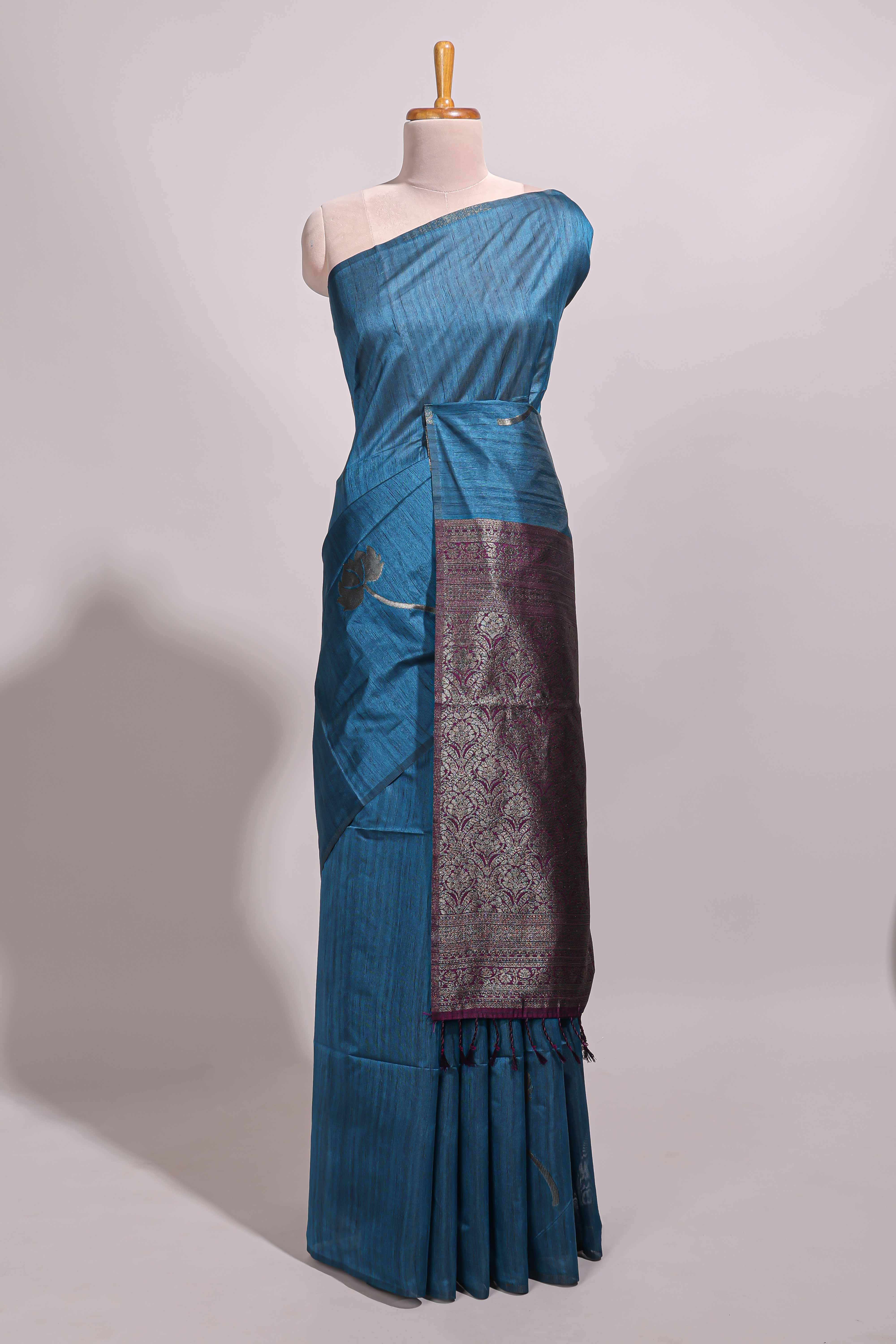 Borderless peacock blue floral design semi tussar saree with contrast pallu and blouse
