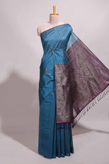 Borderless peacock blue floral design semi tussar saree with contrast pallu and blouse