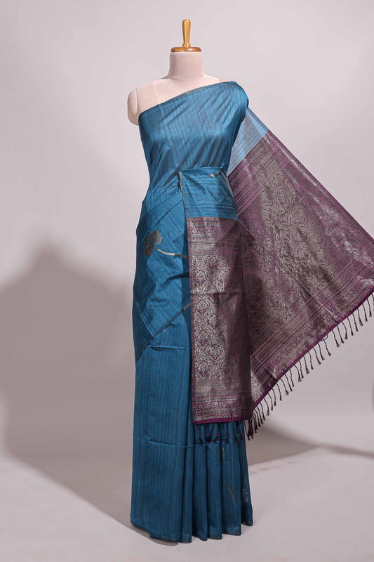 Borderless peacock blue floral design semi tussar saree with contrast pallu and blouse