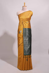 Borderless mustard floral design semi tussar saree with contrast pallu and blouse