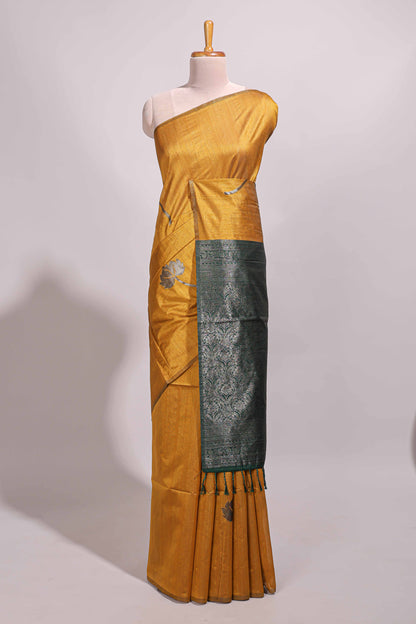 Borderless mustard floral design semi tussar saree with contrast pallu and blouse