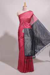 Borderless pink floral design semi tussar saree with contrast pallu and blouse