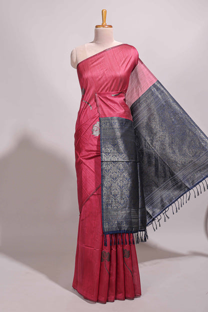 Borderless pink floral design semi tussar saree with contrast pallu and blouse