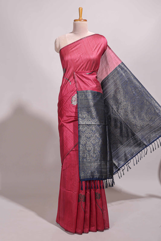 Borderless pink floral design semi tussar saree with contrast pallu and blouse