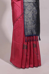 Borderless pink floral design semi tussar saree with contrast pallu and blouse
