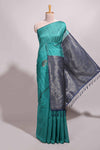 Borderless peacock green floral design semi tussar saree with contrast pallu and blouse