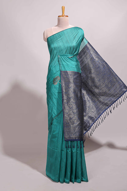Borderless peacock green floral design semi tussar saree with contrast pallu and blouse
