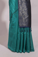Borderless peacock green floral design semi tussar saree with contrast pallu and blouse