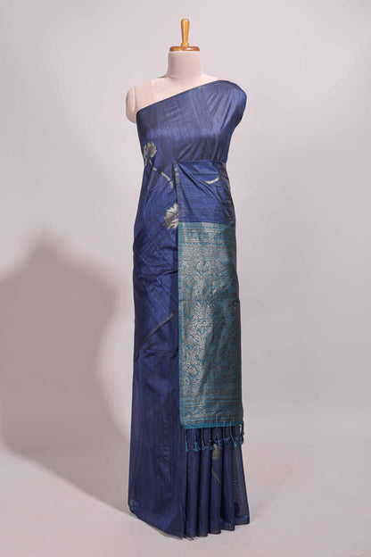 Borderless blue floral design semi tussar saree with contrast pallu and blouse