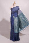 Borderless blue floral design semi tussar saree with contrast pallu and blouse