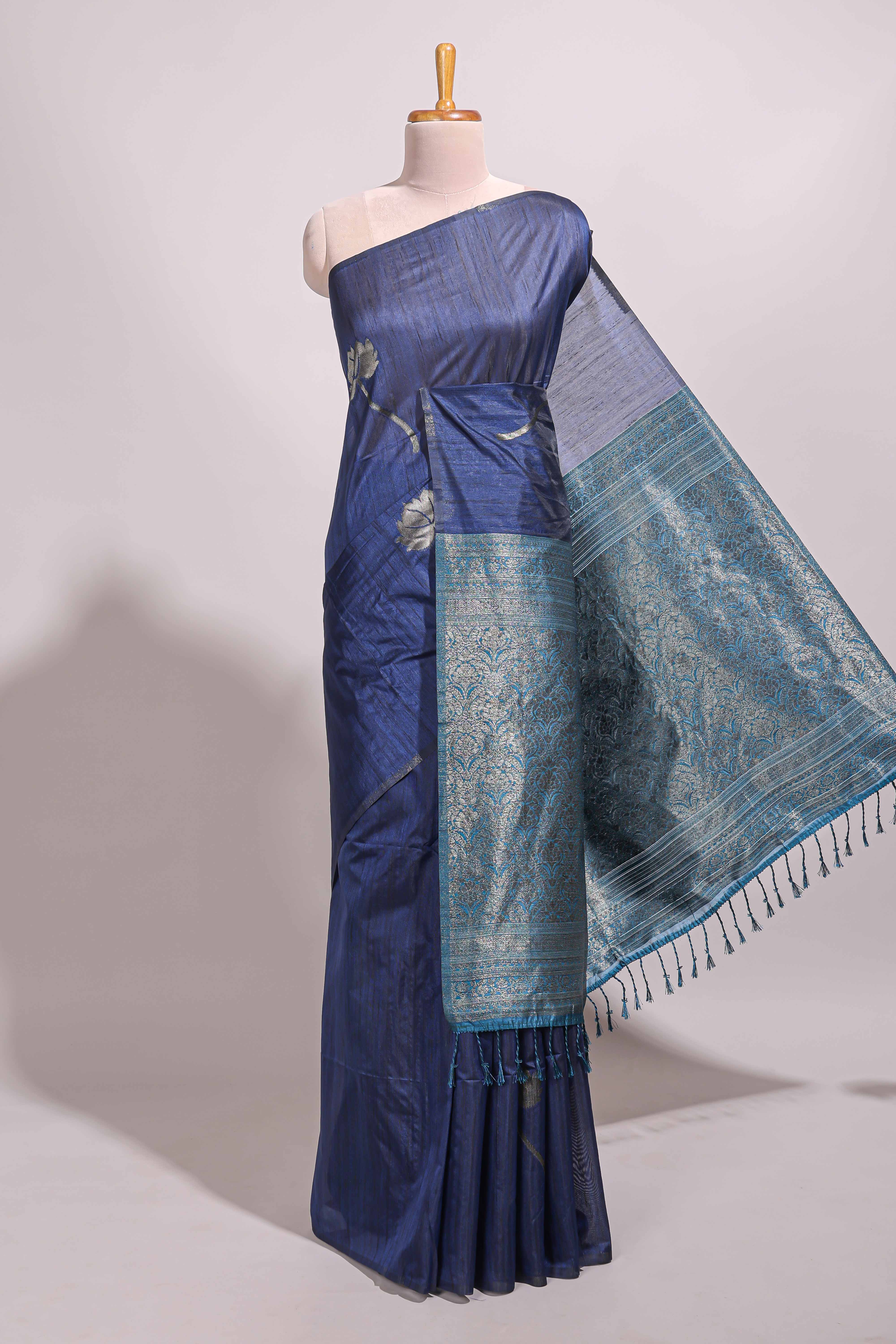 Borderless blue floral design semi tussar saree with contrast pallu and blouse