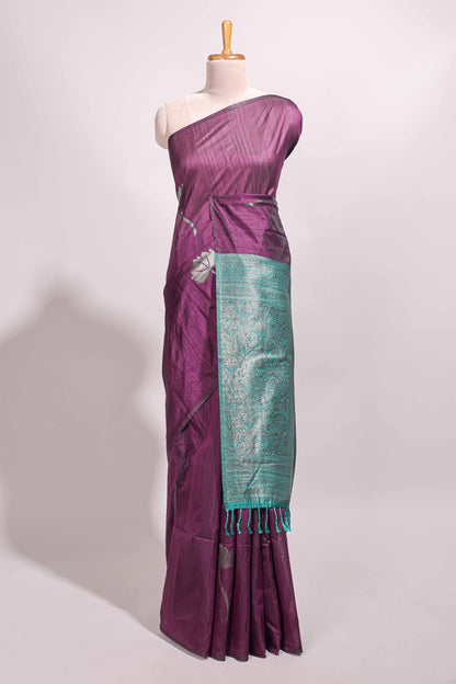 Borderless purple floral design semi tussar saree with contrast pallu and blouse